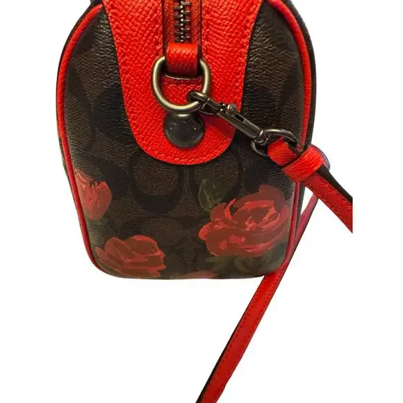 STUNNING Coach Rowan Red Leather Trim black, brown & Rose Print - Picture 2 of 12